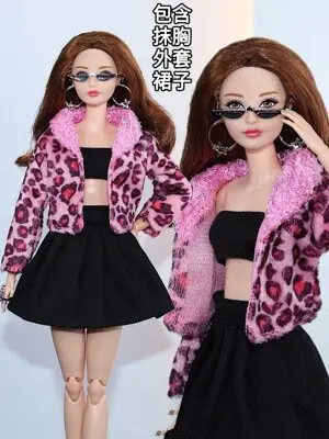 

Fashion 11.5" Doll Outfits Set For Barbie Clothes For Barbie Dolls Accessories Purple Leopard Coat Jacket Tank Top Skirt Toy 1/6