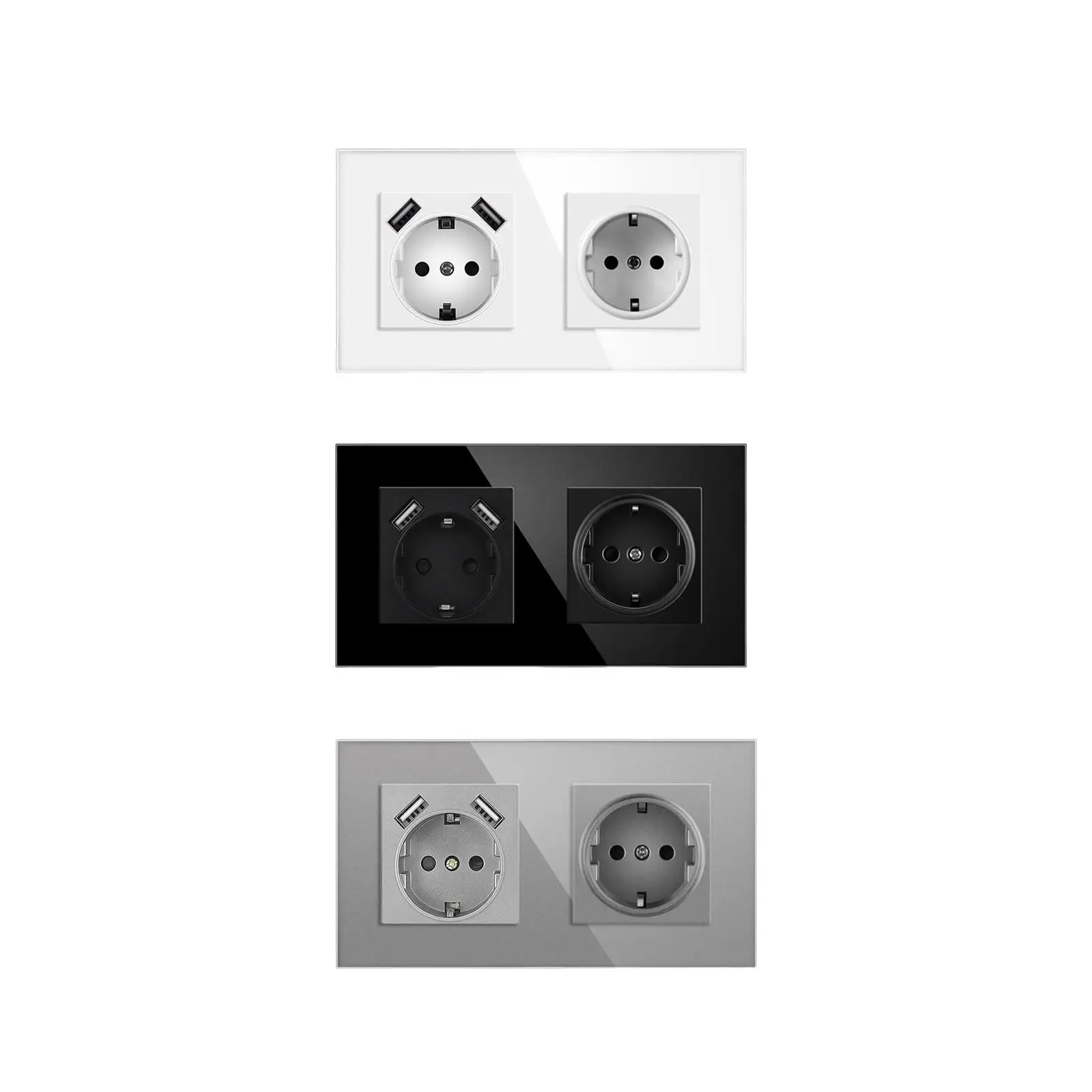 

EU USB Outlet 16A Duplex Receptacles Plug 153 Type Dual 2.1A USB Ports Multi Plug Glass Panel Wall Socket Charging Power Outlet