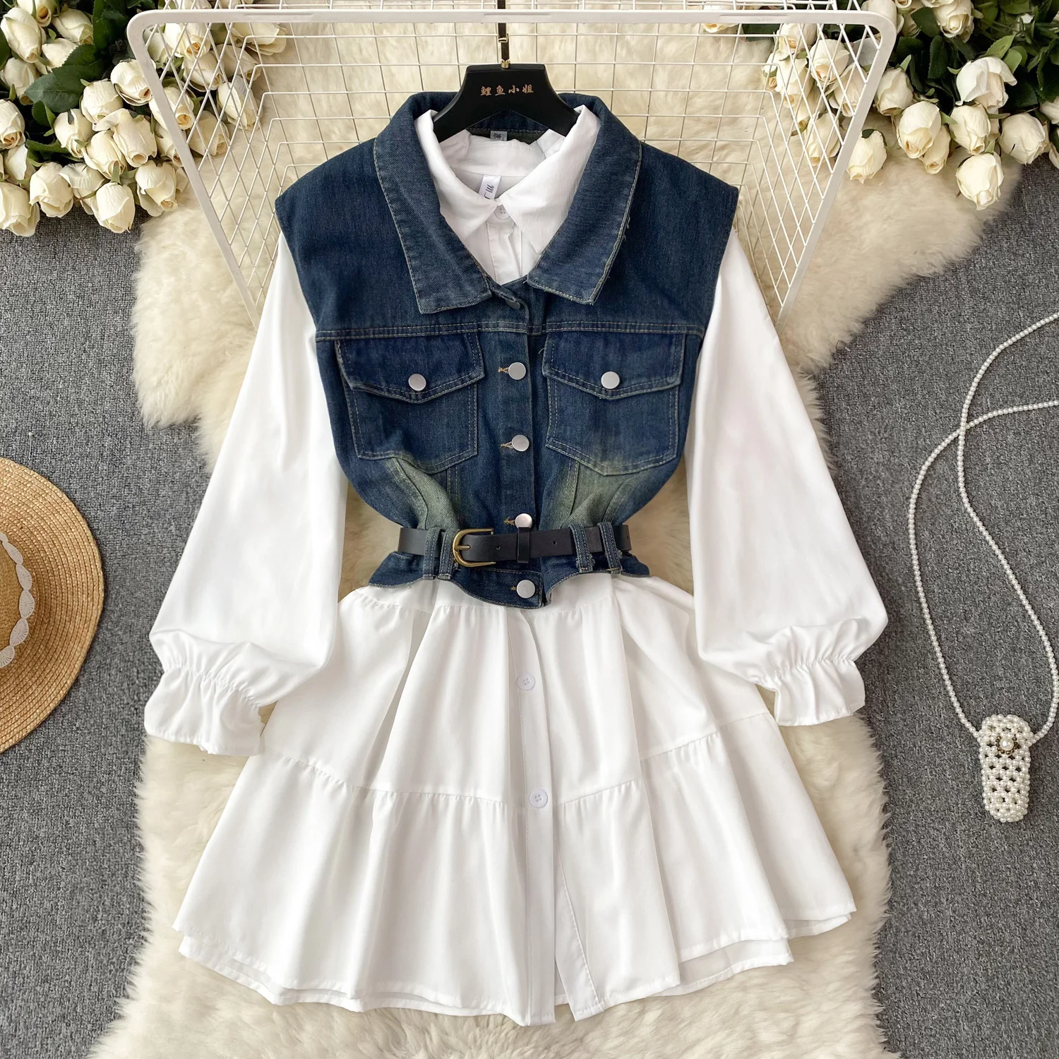 

Женский винтажный костюм из двух предметов, однотонное облегающее платье-рубашка с длинным рукавом и джинсовый жилет с поясом, весна-осень, L490