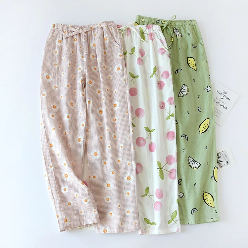 New Ladies 100% Gauze Cotton Sleep Bottom Flower Women Printed Large Size Loose Pants Fresh Style Female Homewear Pants