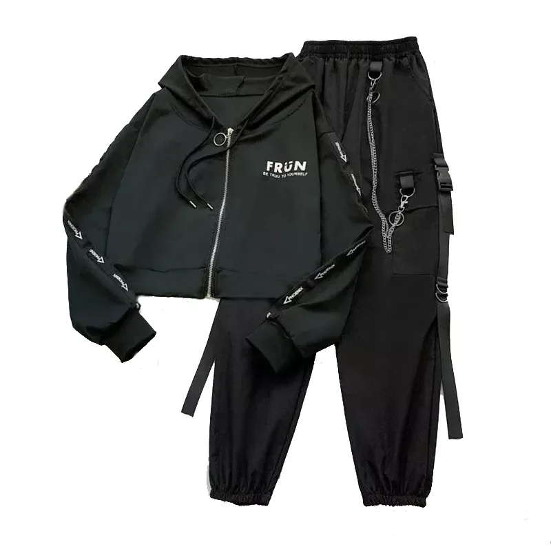 

New2022 Spring Chain Cargo Pants Female 2 piece Hooded Sweatshirt+Joggers Women Letter Printed Black Set Wemon