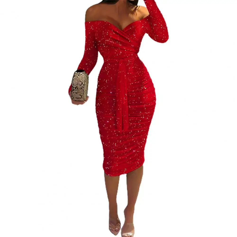 

Ruched Cross Wrap Lady Dress Party Long Sleeve Off Shoulder Midi Bodycon Dress Daily Wear Elegant dresses for women Red xxl