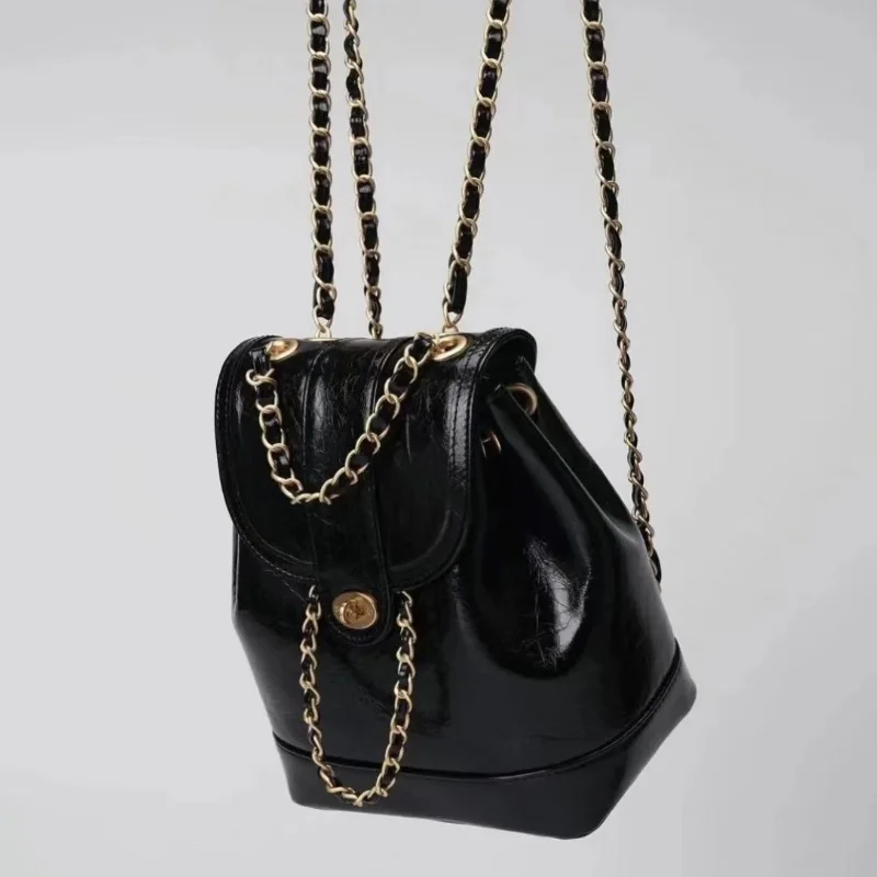 

Branded Women's Backpack Mini Chains Backpack Female Student Oil Wax Leather Shoulder Bags Travel Bagpack Black Storage Bag