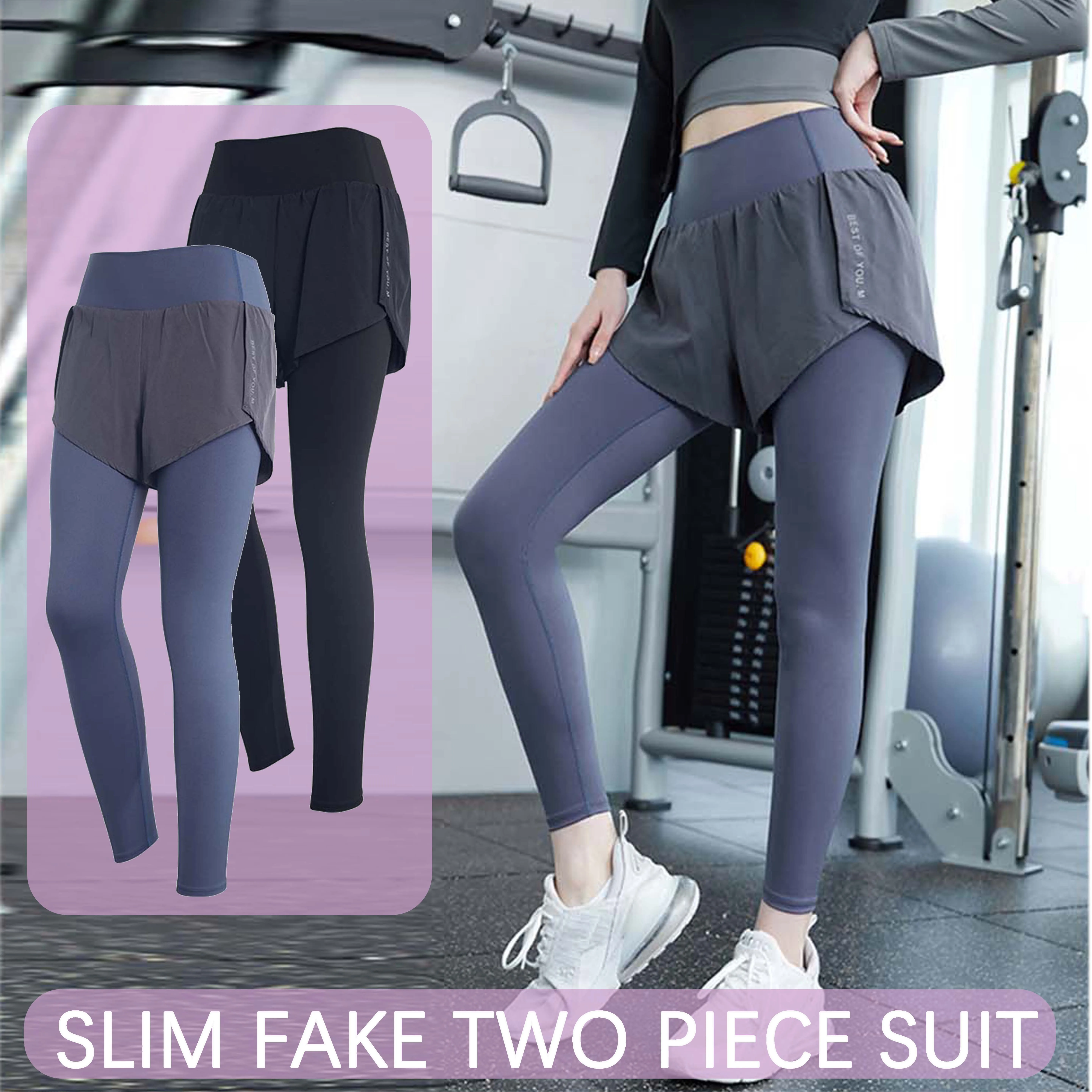 

2022 new yoga fitness clothes slim trousers shorts elastic slim fake two-piece suit seamless leggings 2 piece set women