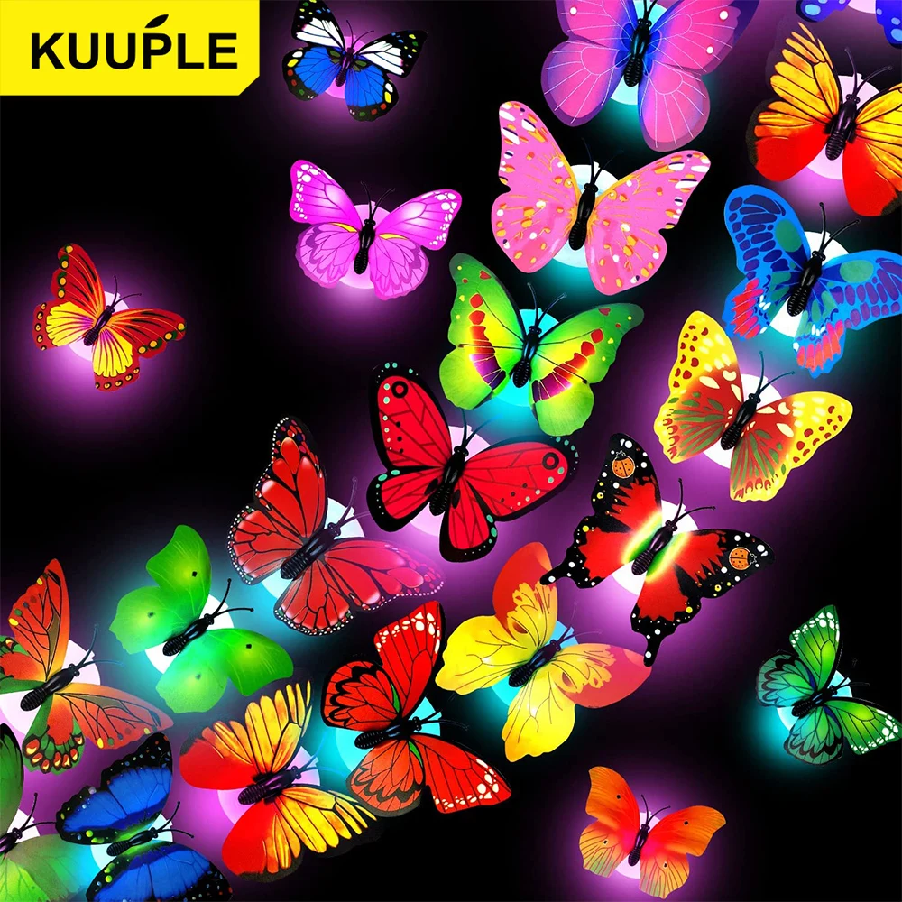 KUUPLE colorful changing butterfly LED wall sticker light stickable 3D home decor DIY living room wall sticker