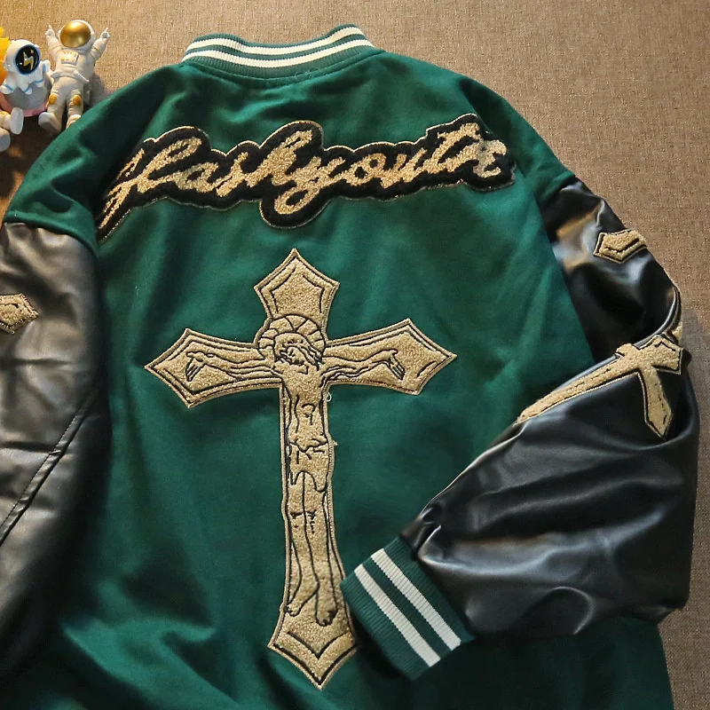 

Куртка мужская бейсбольная, куртка в американском стиле, с вышивкой крестиком, кожаный рукав, свободного покроя, в стиле хип-хоп, весна-осень