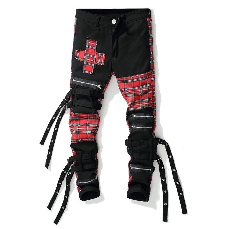 

Men's Punk Rock Jeans Plaid Print Hip Hop Pants Multi Zipper Patches Black Denim Trousers Singer Dancer Costume drop shipping
