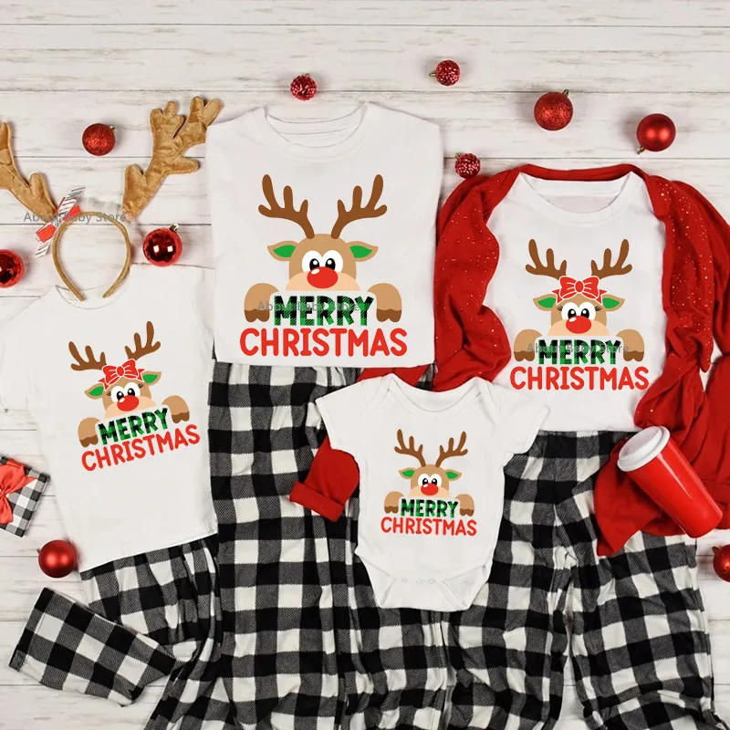 

New Reindeer Merry Christmas Print Family Matching Shirts Cotton Look Dad Mom Kids Holiday Xmas T-shrits New Year's Outfits