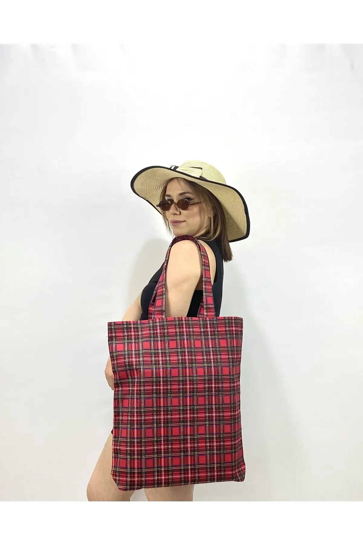 

Женская пляжная сумка, красная, черная клетчатая сумка-тоут через плечо, модная летняя вместительная сумка-тоут