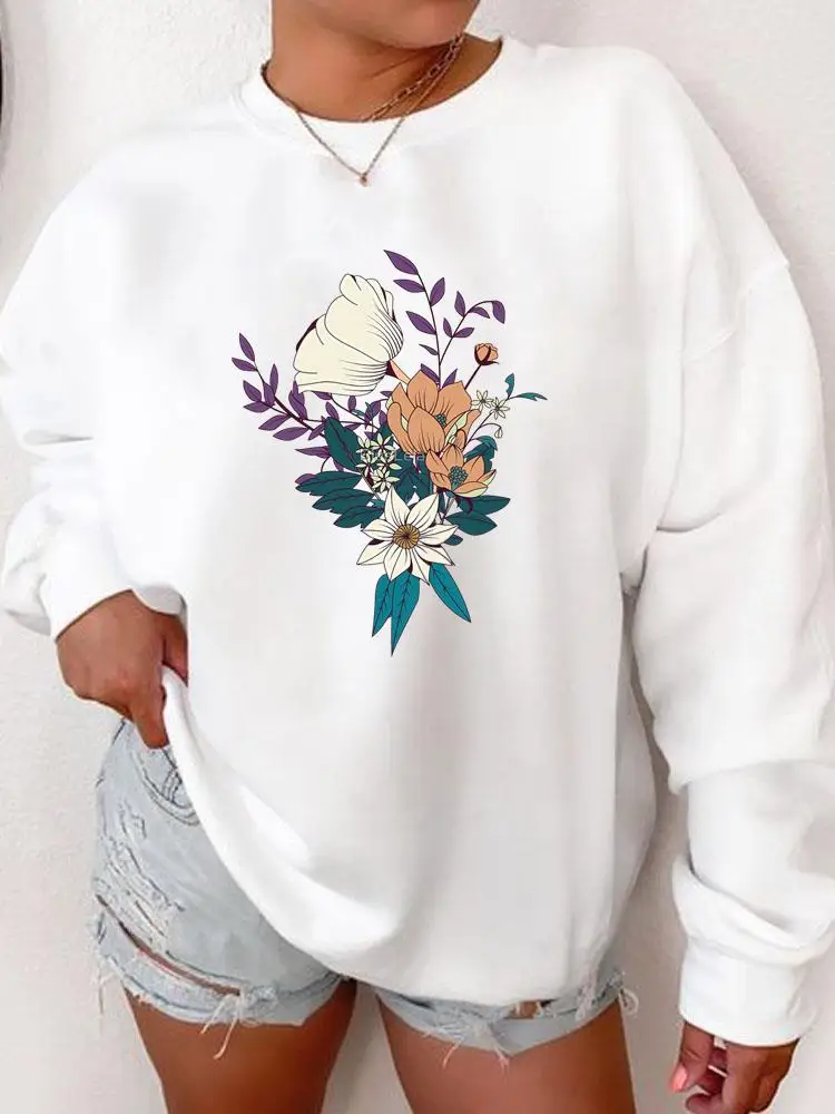 

Pullovers Autumn Spring Women Print Female Clothing Fashion Casual Flower Plant Lovely Style Long Sleeve Graphic Sweatshirts