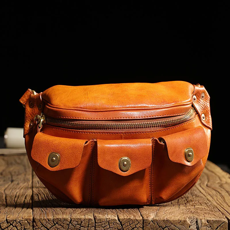 Retro fashion high quality real leather men's multi-pocket chest bag outdoor daily summer hot sale first layer cowhide belt bag