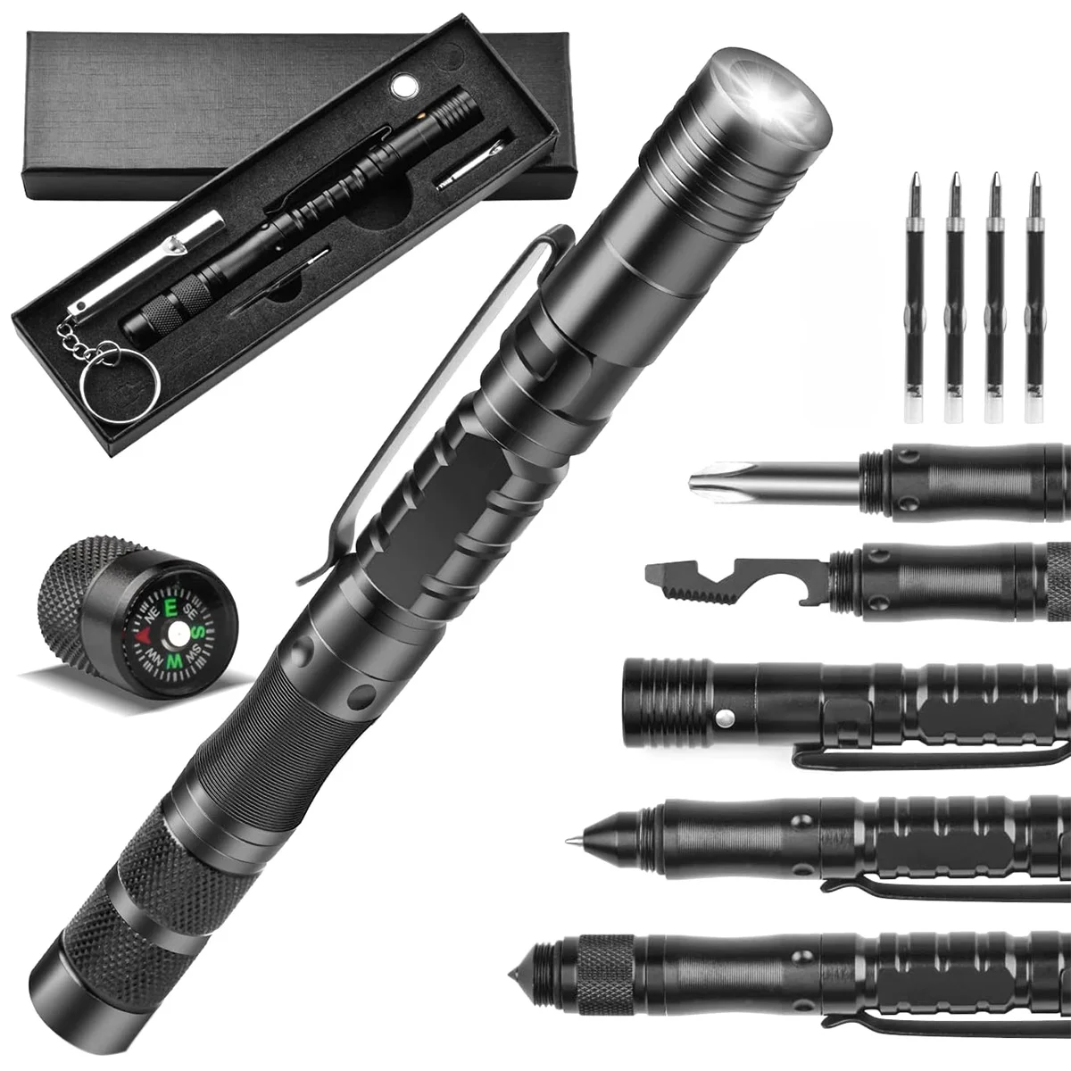 

Multitool Pen Portable Multitool Ballpoint Pen W/ LED Flashlight Glass Breaker Bottle Opener Whistle Wrench Survival Gear Tool