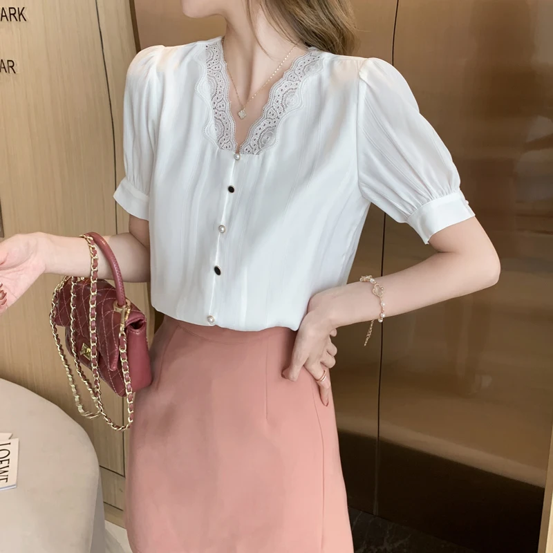 

Блузка женская с V-образным вырезом, однотонная Свободная рубашка с короткими рукавами-фонариками, модная повседневная одежда, лето