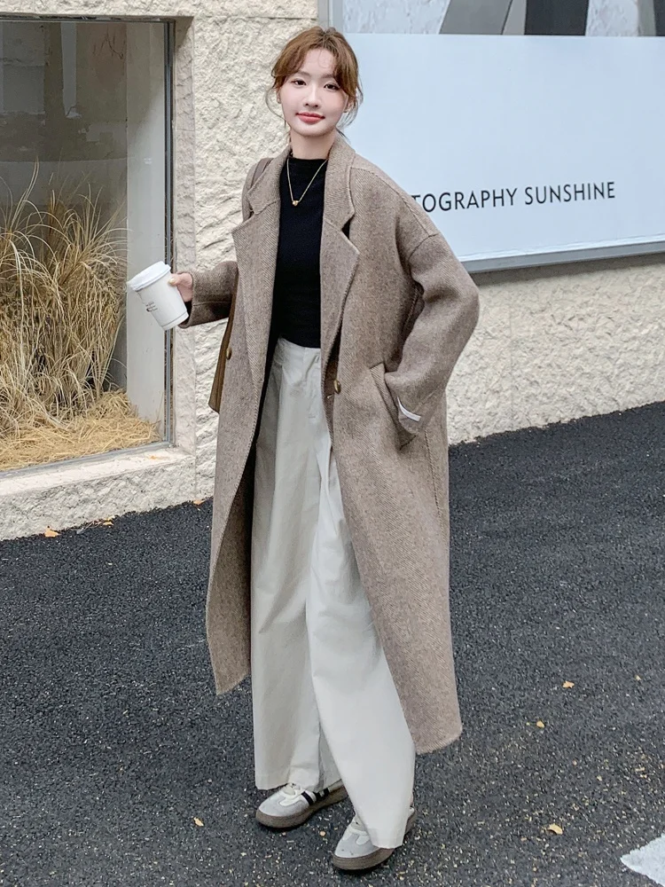Oatmeal Long Suit Cashmere coat Women 2024 Winter New High-Grade Temperament Double-sided Woolen Jacket |