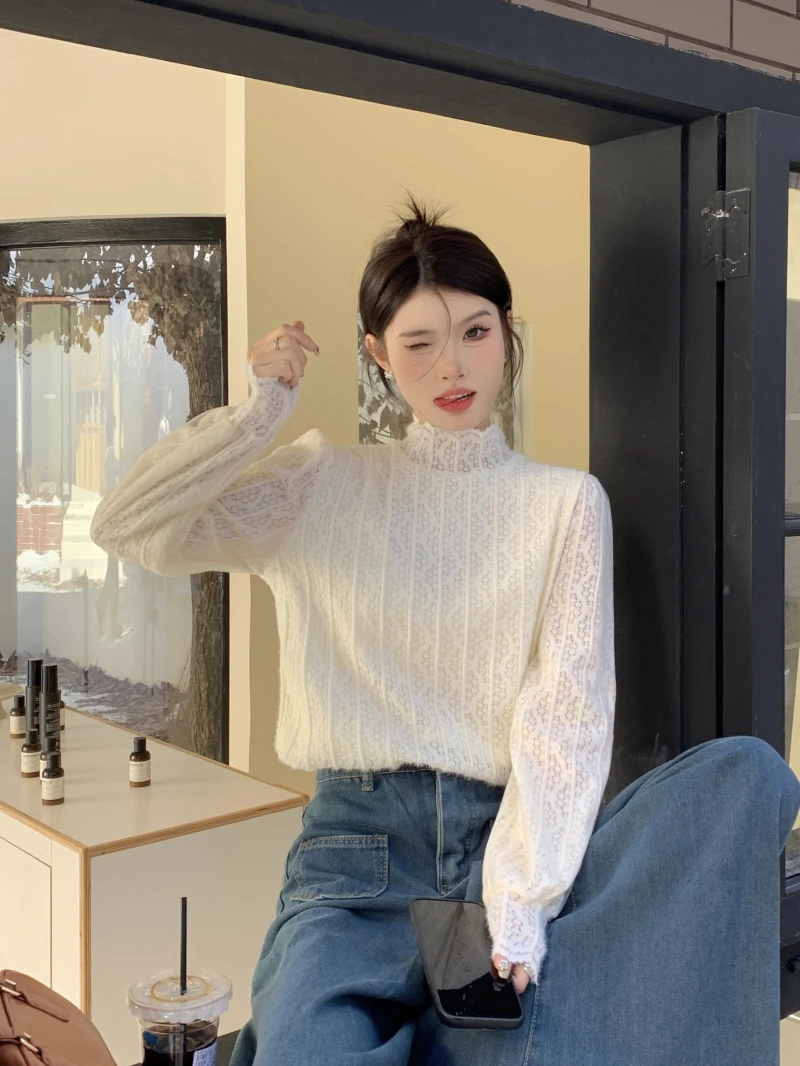 Half-high Collar Fleece-lined Thickened Bottoming Lace Shirt Women Autumn 2024 New Socialite Temperament Solid All-Match Top ...