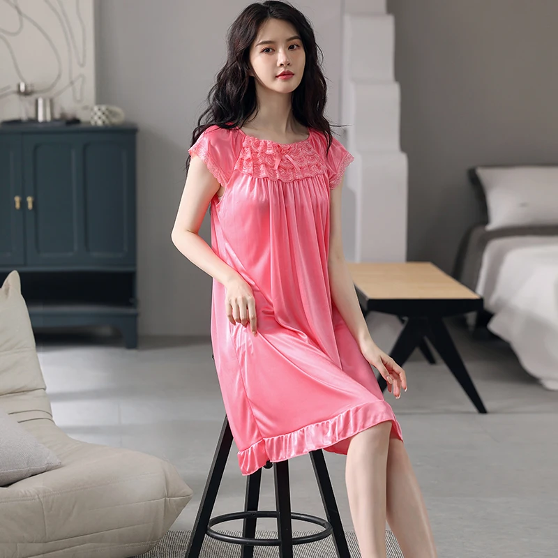 

M-5XL New Sexy Silk Nightgowns Women Summer Solid Color Thin Nightdress Women's Home Wear
