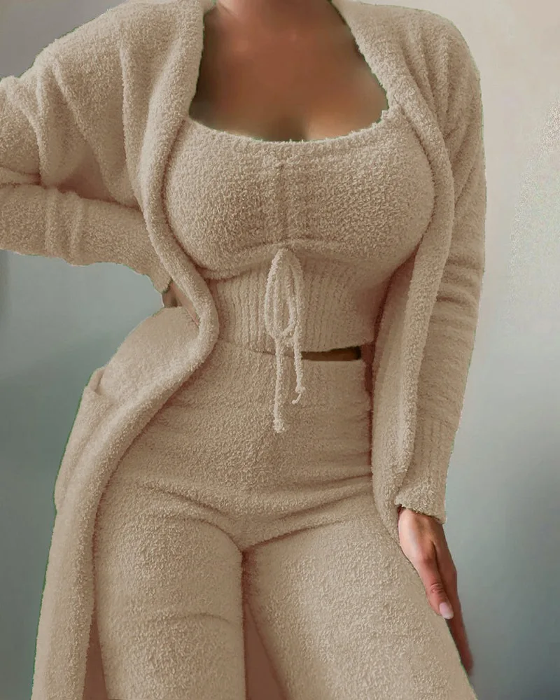 2023 New Autumn Winter Women's Velvet Pajamas Set Crop Top+Long Pants+Coat 3 Pieces Suit Warm Soft Fleece Homewear Pyjamas S-3XL