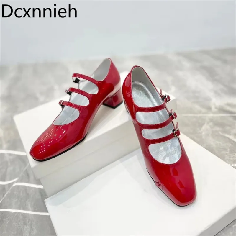 

Spring Woman New Square Heels Retro Patent Leather Buckle Mid Heel Square Toe Thick Sole Mary Janes Wedding Shoes Women 2022