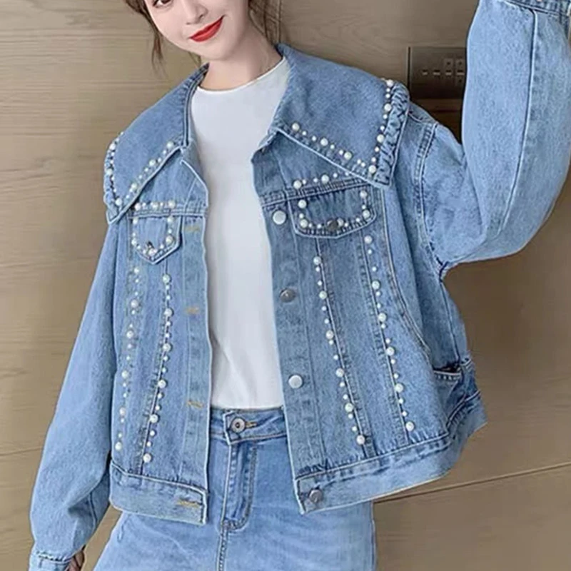

Rimocy Cute Doll Collar Paarls Denim Jackets Women 2022 Long Sleeve Loose Short Coats Woman Single Breasted Jeans Jacket Mujer
