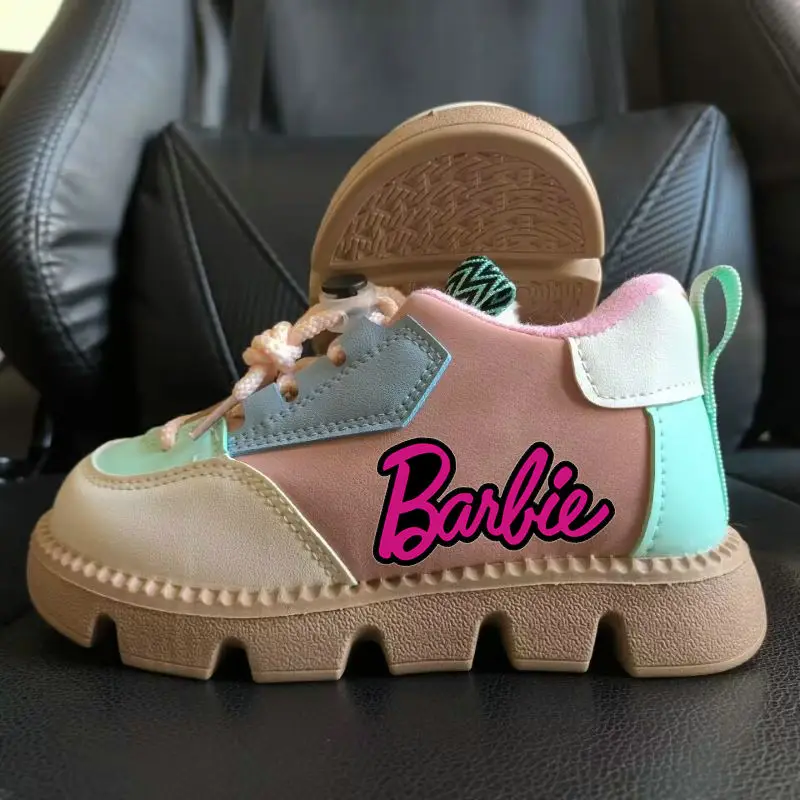 Barbie Children Sneakers Plus velvet Cotton Shoes Kids Winter Plush Girls Cartoon Print Warm Size 21-30