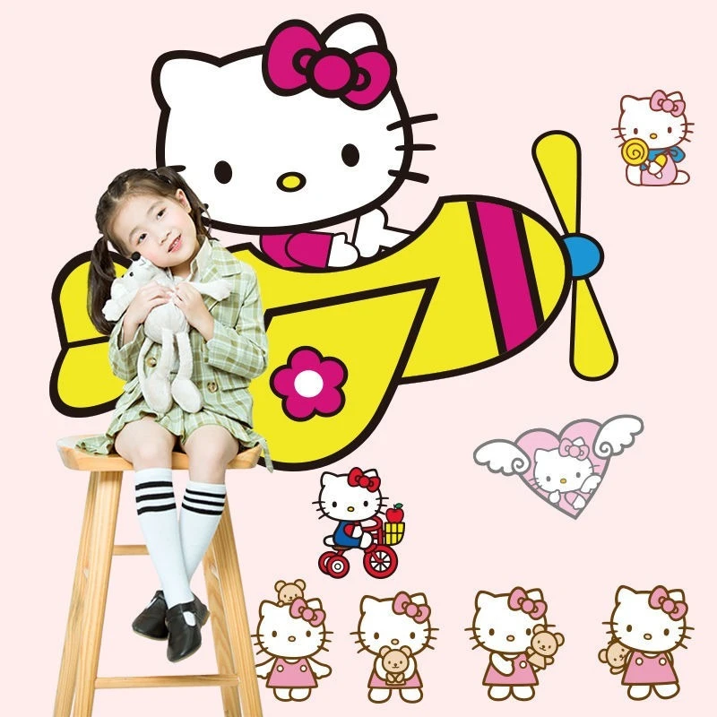 

New Style Sanrio Hello Kitty Wall Sticker Kawaii Anime Figure Stickers Bedside Window Cartoon Diy Decorate Princess Room Kt Gift