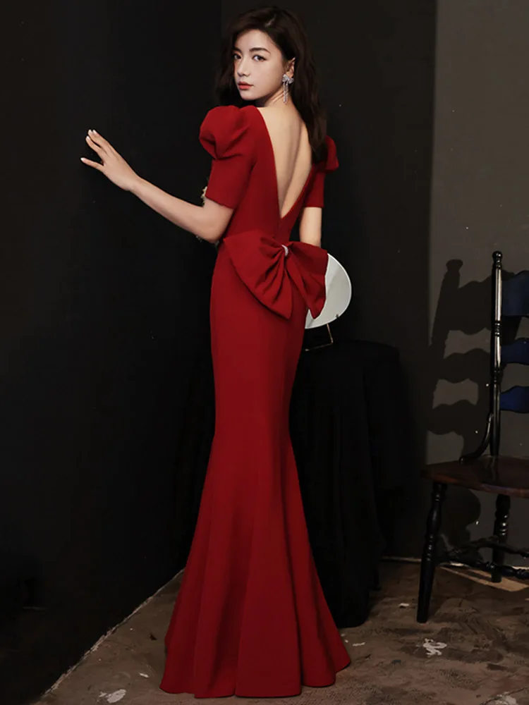 Burgundy Elegant Long Mermaid Formal Prom Gowns Women Sexy Backless Party Evening Dresses Toast Clothing Robe De Soiree