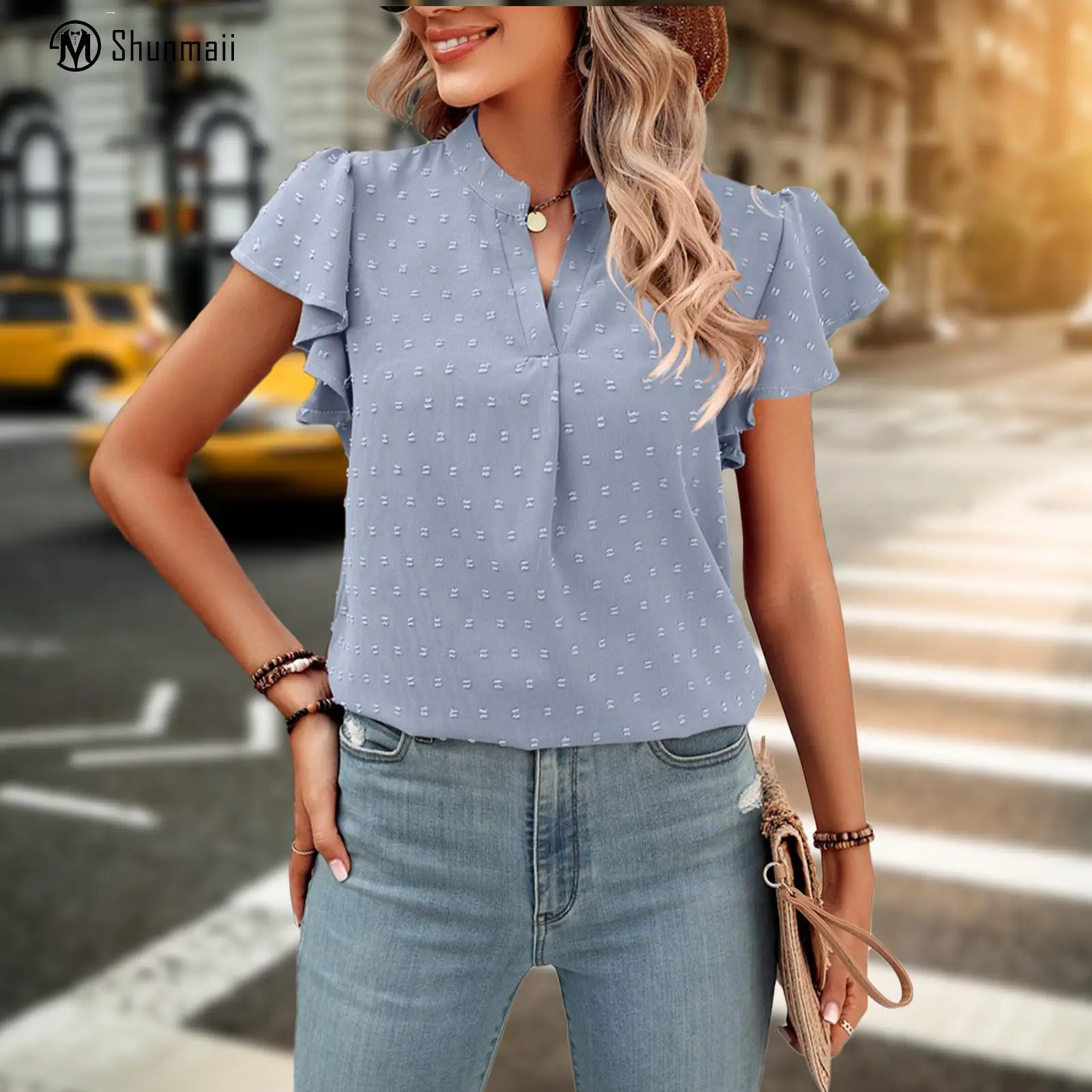 

2023 New Fashion FaWomens Ruffle Short Sleeve Shirts Slim Fit High Neck TopsAll-match Commuting Style for Female Relaxed-Fit