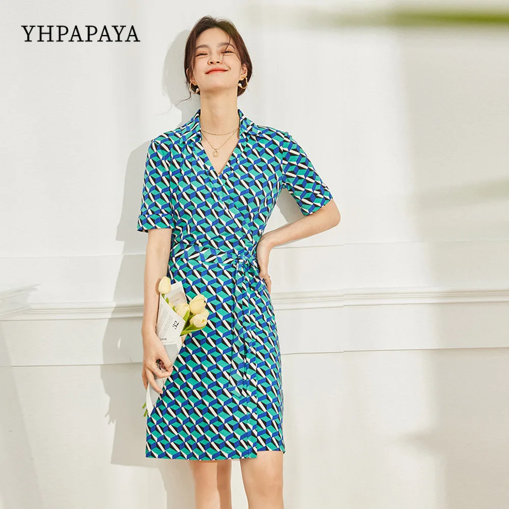 

YHPAPAYA Summer Diamond Print Knit Lapel Dress For Women Vintage Short Sleeve Shirt Dress High Waist Office Lady Long Dress