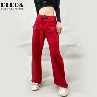 Red Outdoor Sweatpants with Canvas Belt Star Sewing Back Pockets Cargo Pants Tomboy Dancer Casual Street Loose Trousers Unisex