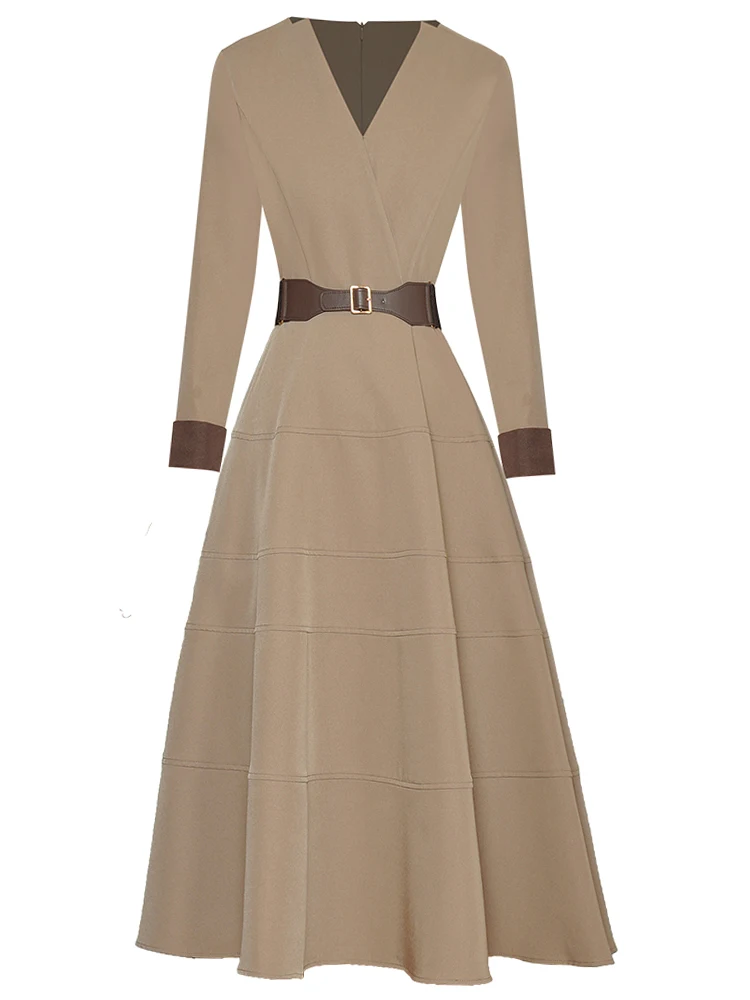 

Runway High Quality Autumnnew Women's High Street Fashion Celebrity Party Vintage Elegant Designer V-neck Belts Slim Midi Dress