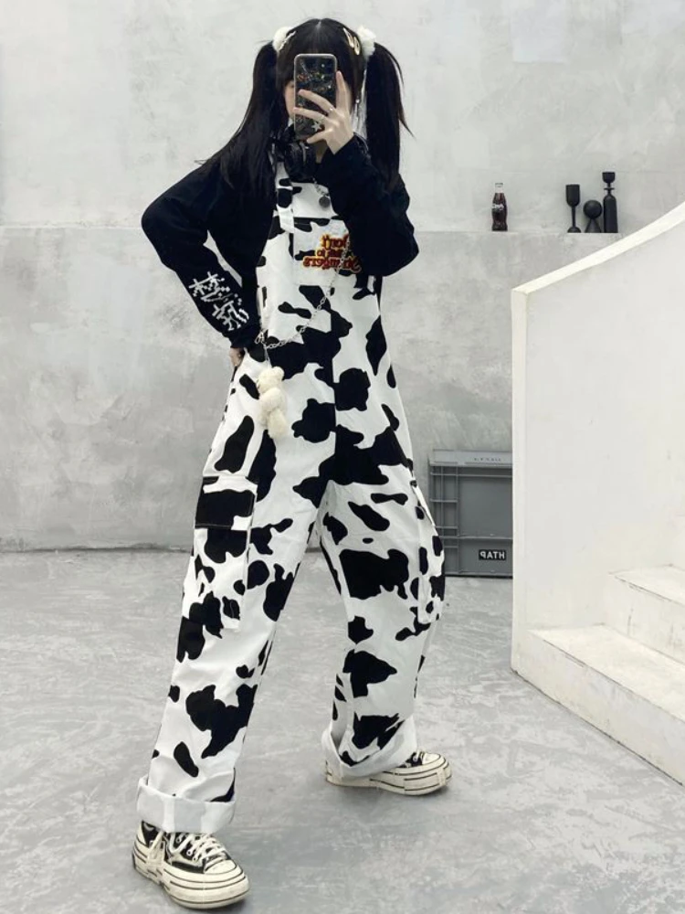 HOUZHOU Hippie Cow Print Jumpsuits Harajuku Cow Patterned Trousers Korean Style Overalls Casual Baggy Wide Leg Pants Spring 2022