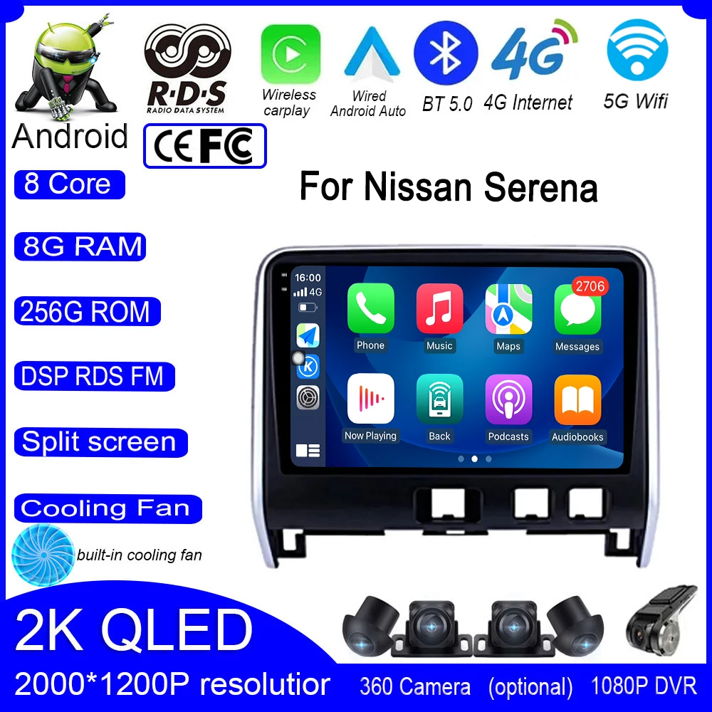 

DSP Android 13 For Nissan Serena 2016 2017 2018 Car Wifi 4G GPS IPS QLED Auto Stereo Player Radio Multimedia Video Navigation