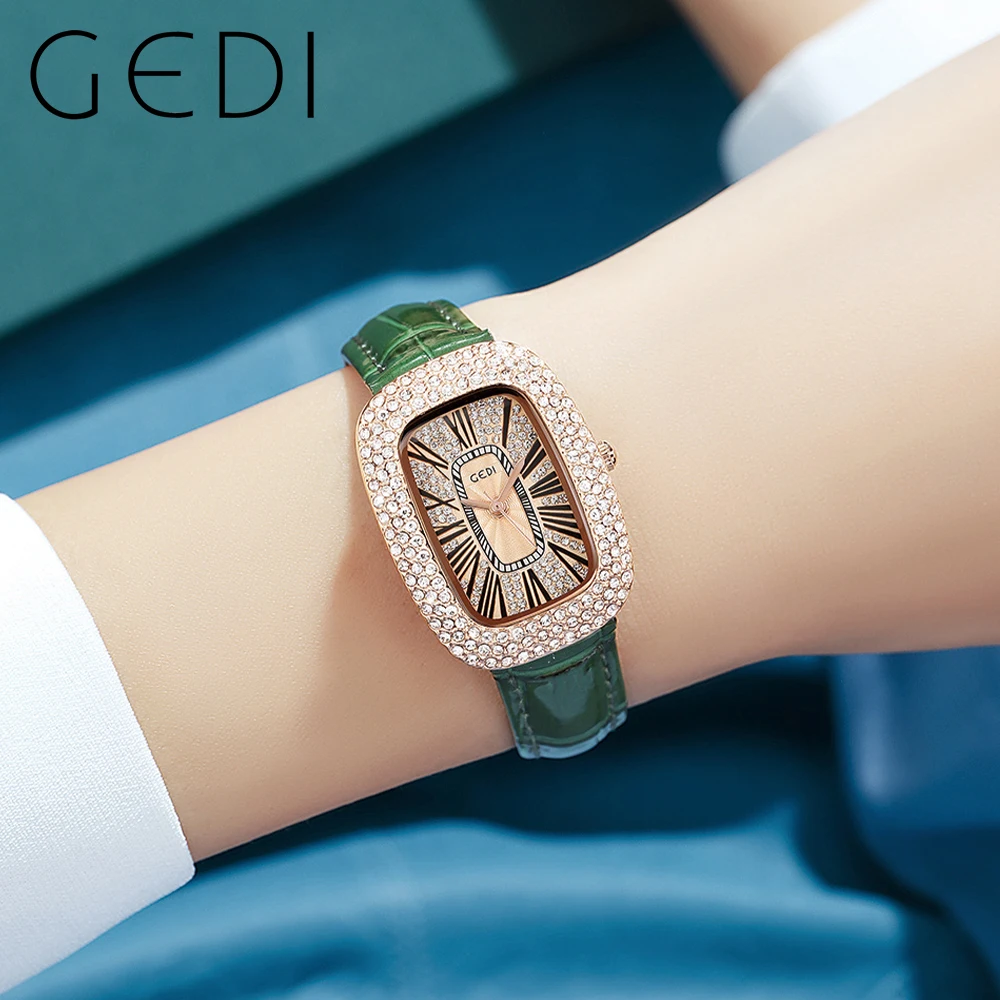 GEDI Waterproof Oval Full-diamond Women Watches Luxury Roman Dial Leather Strap Ladies Fashion Quartz Wristwatches Clock Relogio