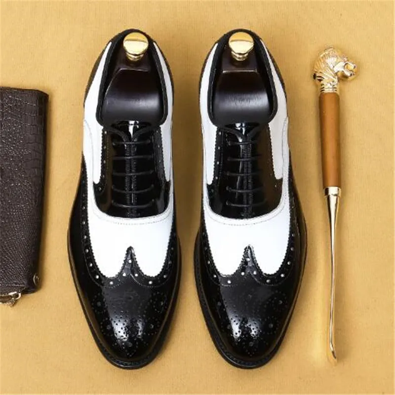 

Pointed Toe Mens Wedding Oxford Shoes Black White Two Colors Genuine Leather Men Dress Shoes Lace Up Business Formal Brogue Shoe