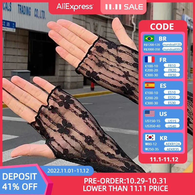 

New Long Lace Hollow-Out Fingerless Gloves Sun Protection Sleeves Mesh Lace Thin Cycling Gloves