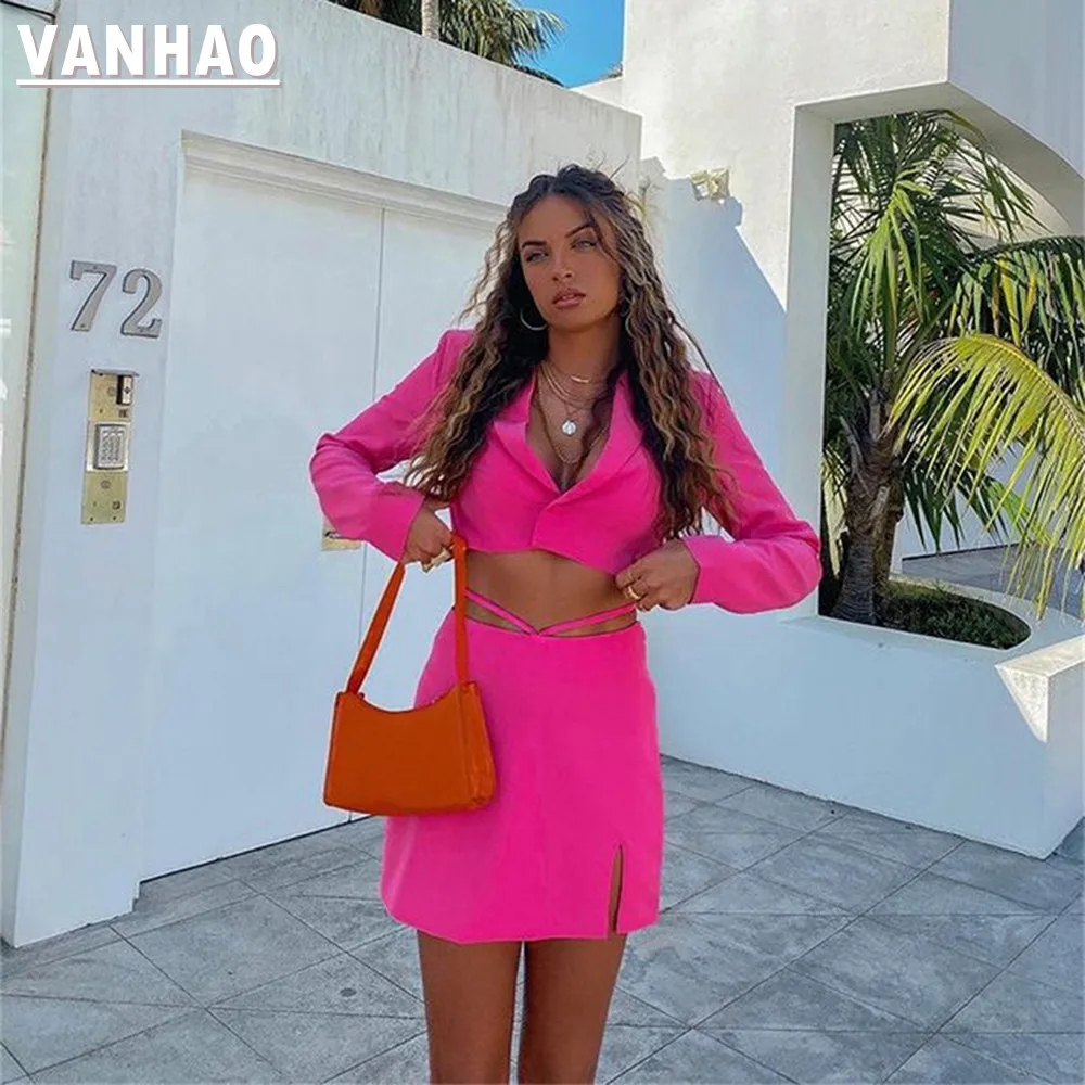 VANHAO Весна 2023 короткий топ с отворотом Блейзер комплект из двух частей юбка