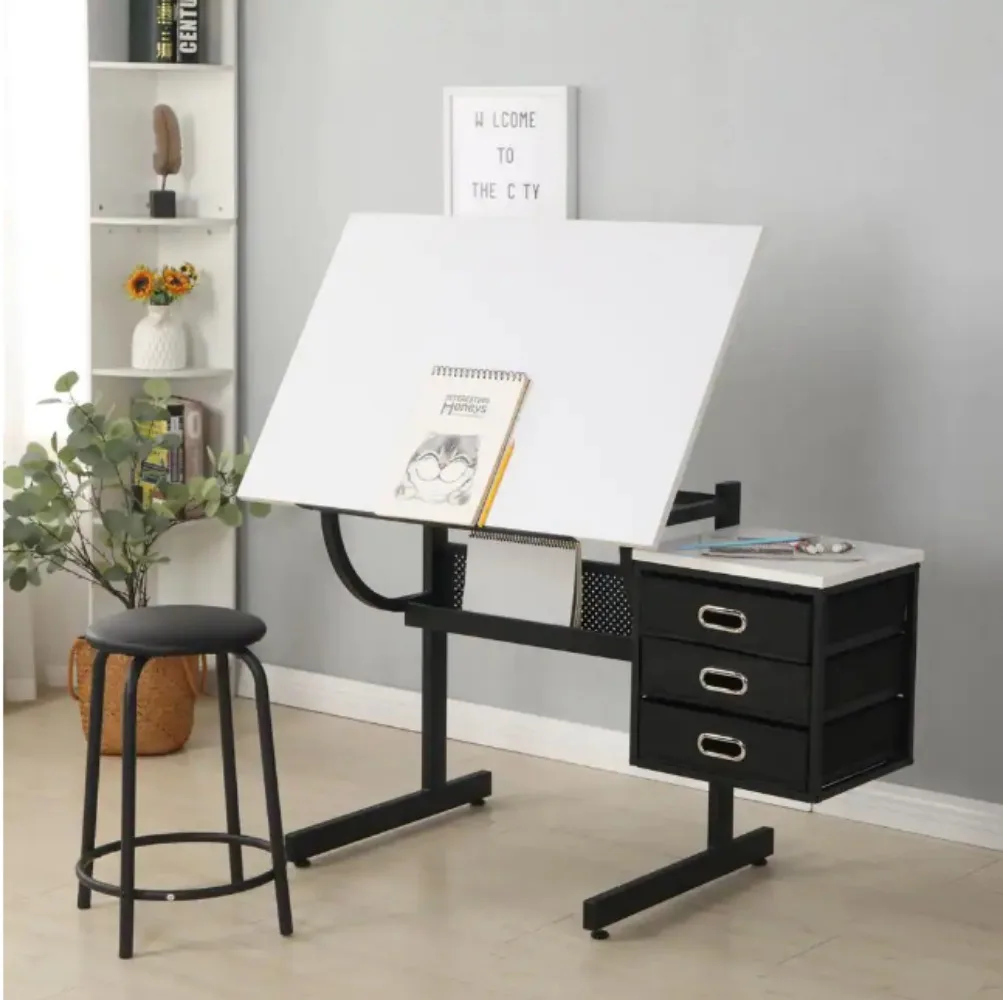 

45.67in.W White Steel Frame Adjustable Drafting Drawing Table with Stool and 3 Drawers
