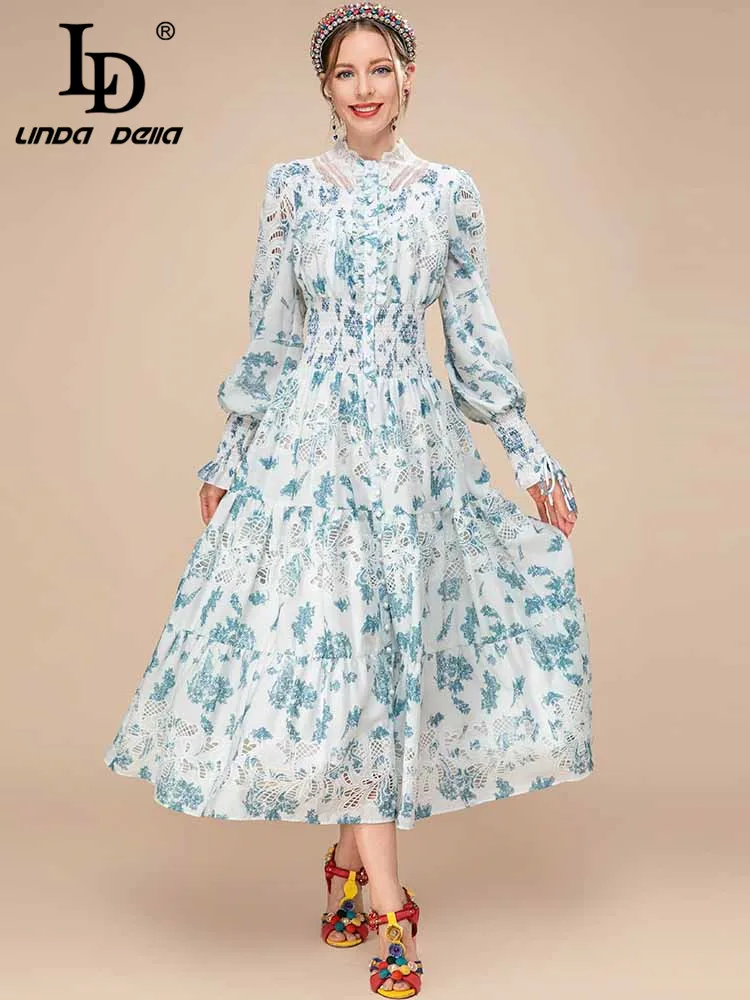 LD LINDA DELLA 2023 New Fashion Runway Spring Dress Women's Lantern Sleeve Hollow out Flower Print Vacation Elegant Dress