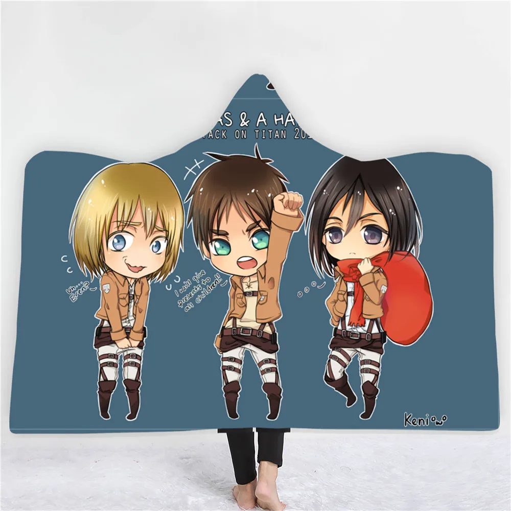 

Manta de felpa con capucha para niños y adultos, manta con estampado 3D de Anime Attack On Titan, ideal para pícnic, regalo cáli