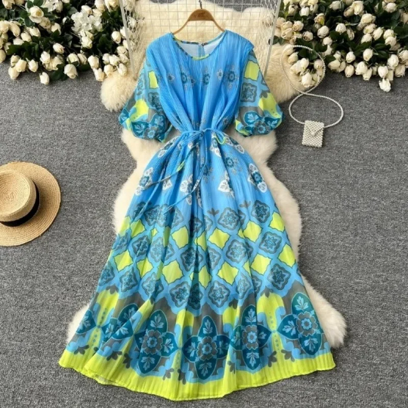 Модный европейский и американский стиль рукав-фонарик круглый вырез принт