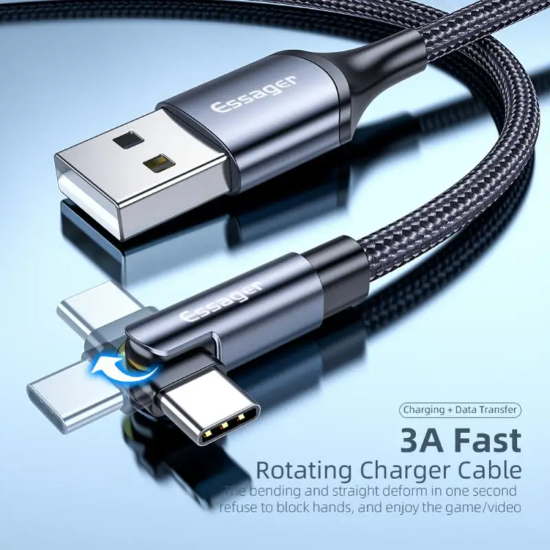 

Essager Rotate Micro USB Type C Cable For Xiaomi Samsung 3A Fast Charging USBC TypeC 90 Degree Mobile Phone Cable Data Wire Cord