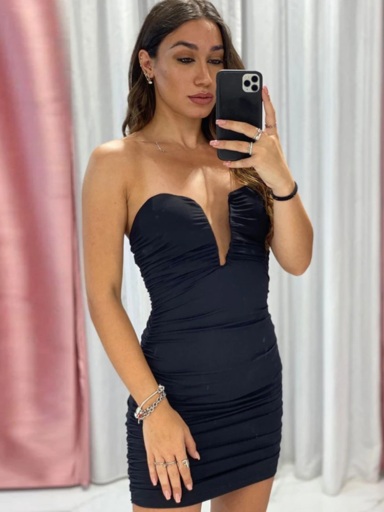 

Missnight Sexy Elegant Women Dress Deep V-Neck Strapless Sleeveless Solid Party Satin Folds Summer Fashion Streetwear Mini Dress