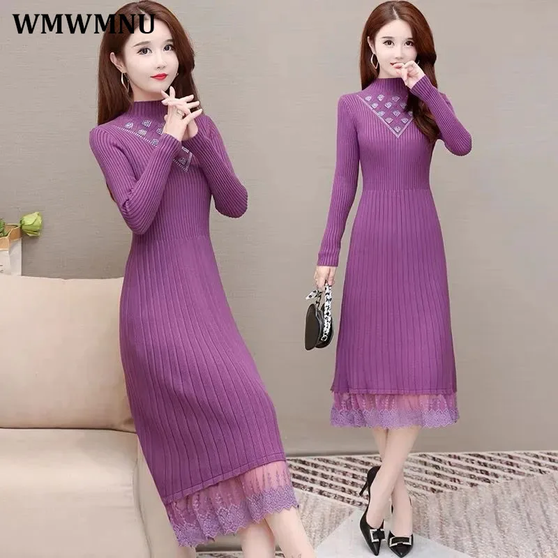 

Осенне-зимнее плотное вязаное платье стразы, женское Повседневное платье-свитер с воротником «хомут», облегающие платья с соединением, кру...