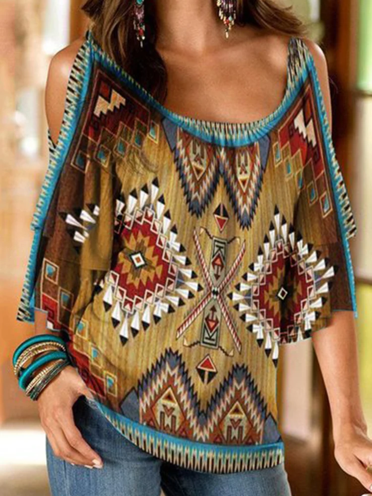 

Summer Elegant Casual Pullover Tops Lady Vintage Printed Off Shoulder Half Sleeve Blouse Shirt Women 2022 Hot Set Blusa Blouses