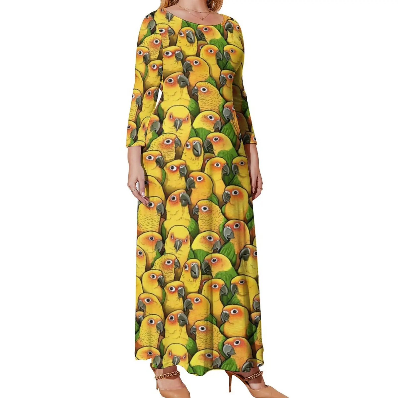 Yellow Parrot Print Dress Jenday Conures Street Wear Bohemia Dresses Women Long Sleeve Cute Maxi Dress Summer Plus Size Vestidos