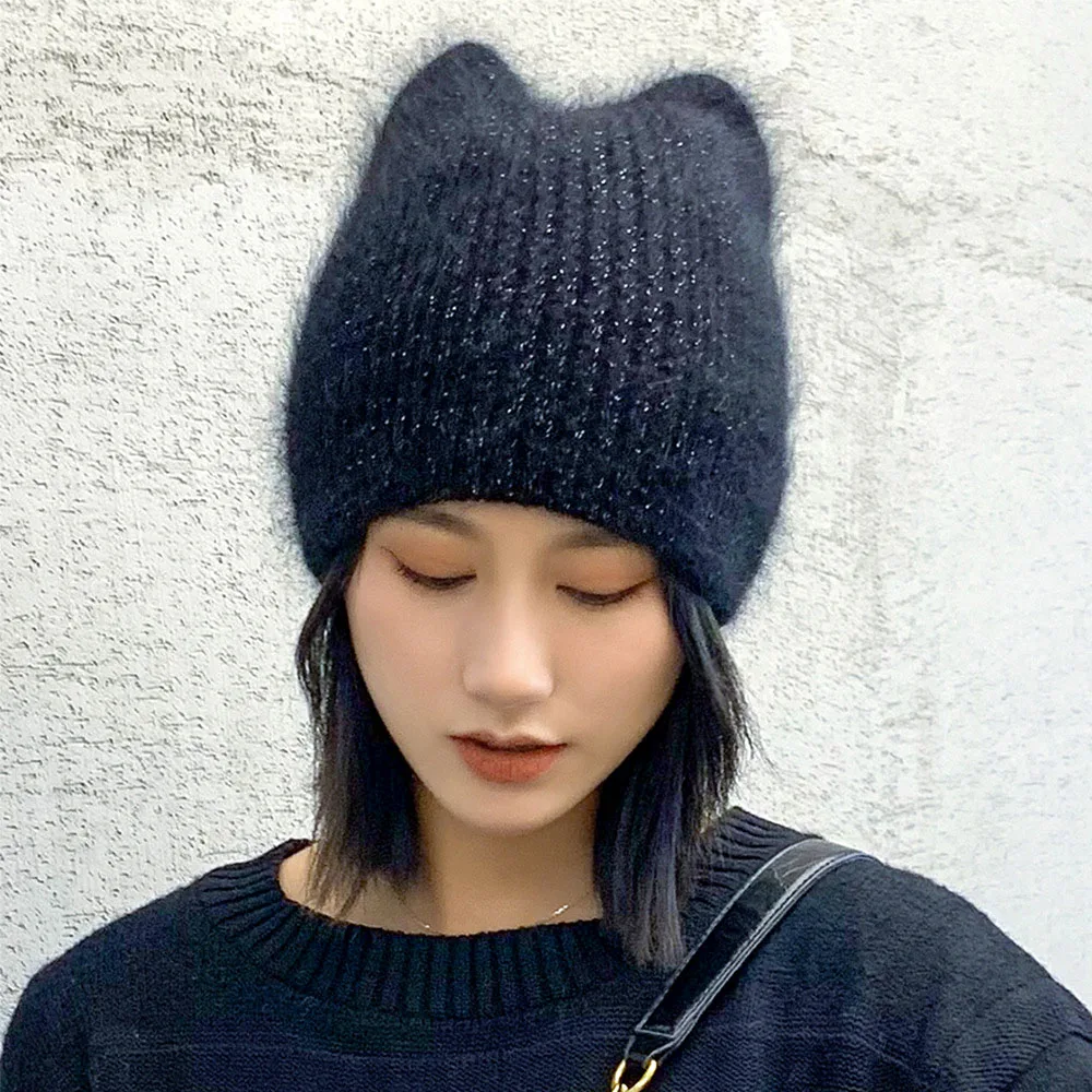 

2023 Simple Girl Angora Rabbit Fur Ear Beanie Hat for Women Winter Skullies Warm Wool Panama Fashion Gorros Female Bomber Cap