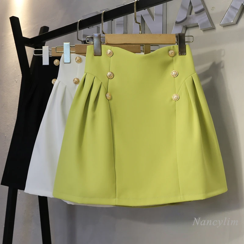 

2022 Summer Green Skirts for Women New Design Temperament Double Breasted Puffy Pleated Skirt High Waist Slimming A- Line