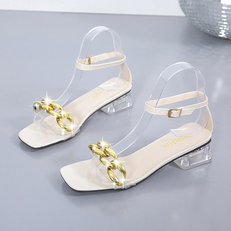 

WHNB 2022 Hot Summer Fashion Female Metal Chain Ankle Buckle Strap Sandals Women Thin High Heels Square Toe Party Dress Shoes