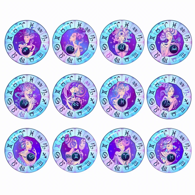 

New 12 Zodiac Signs 12pcs 12mm/16mm/18mm/20mm/25mm/30mm Round Photo Glass Cabochon Demo Flat Back Making Finding