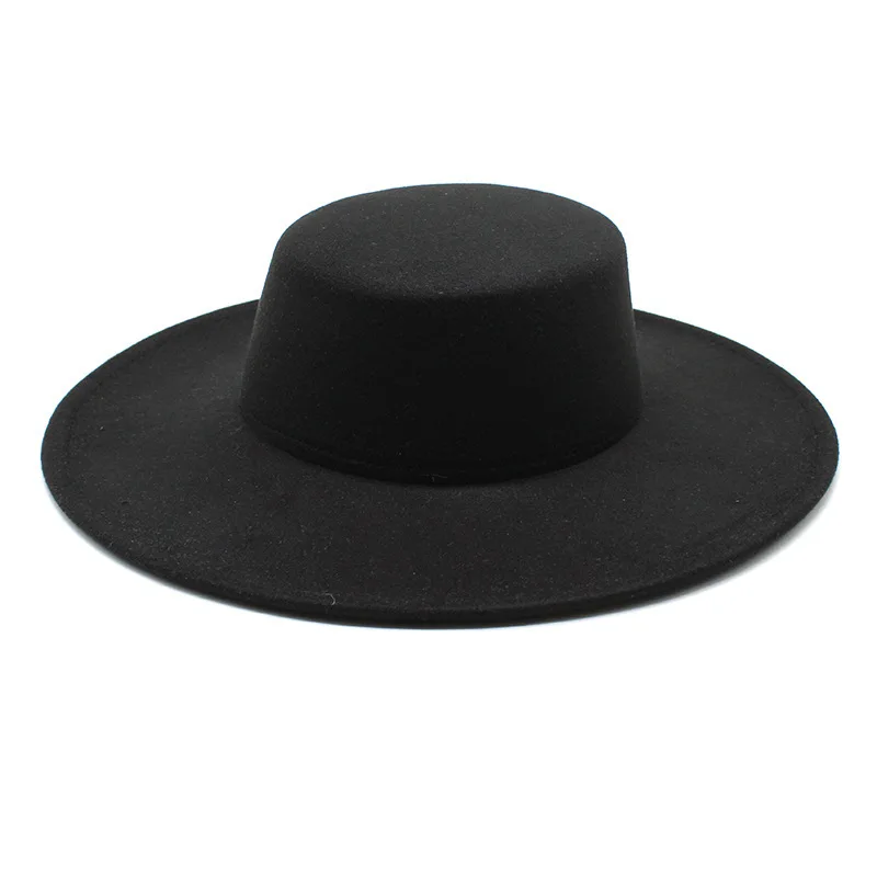 

Autumn Winter 9.5cm Flat Wide Brim Fedoras Women's Felt Hat Ladies Sombrero Jazz Male Bowler Hat Outdoor Vintage Top Hats